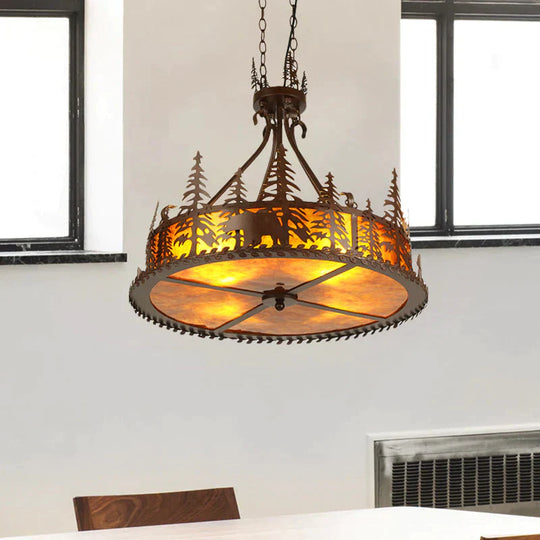 Brown Round Chandelier Lamp Country Metal 3 Lights Living Room Hanging Light With Tree Pattern