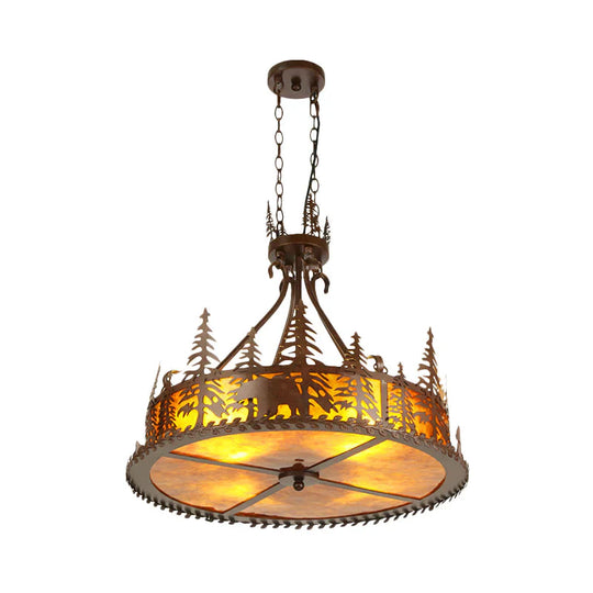 Brown Round Chandelier Lamp Country Metal 3 Lights Living Room Hanging Light With Tree Pattern