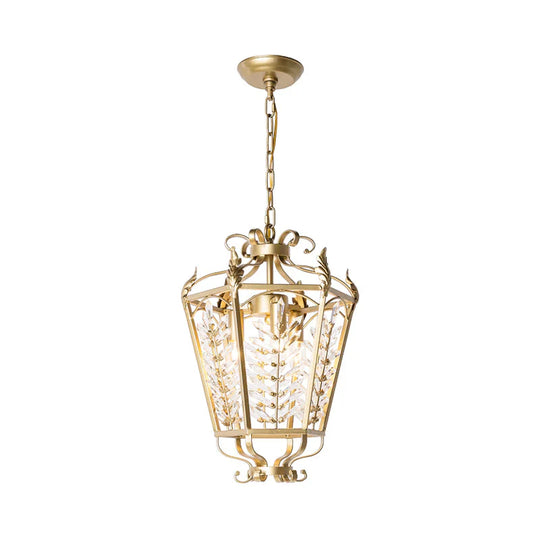 Gold Lantern Chandelier Light Traditional Metal 3 Lights Dining Room Hanging Ceiling With Crystal
