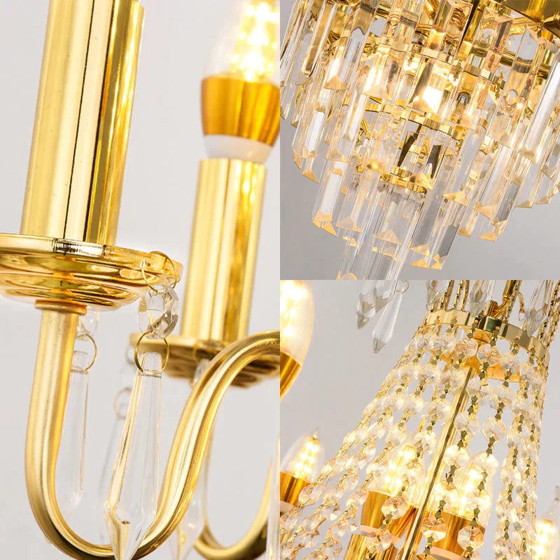 Gold 10 Lights Chandelier Lamp Traditional Metal Candelabra Hanging Light Fixture With Crystal