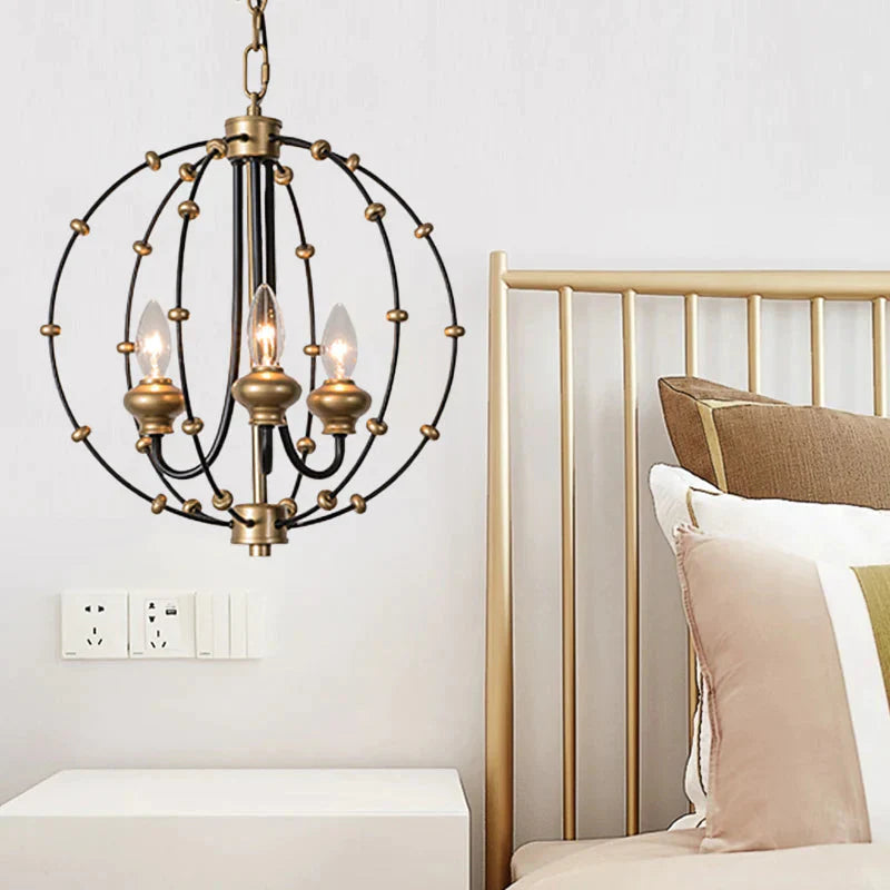 3/5 Bulbs Dining Room Ceiling Lamp Country Black Chandelier Pendant Light With Globe Metal Cage