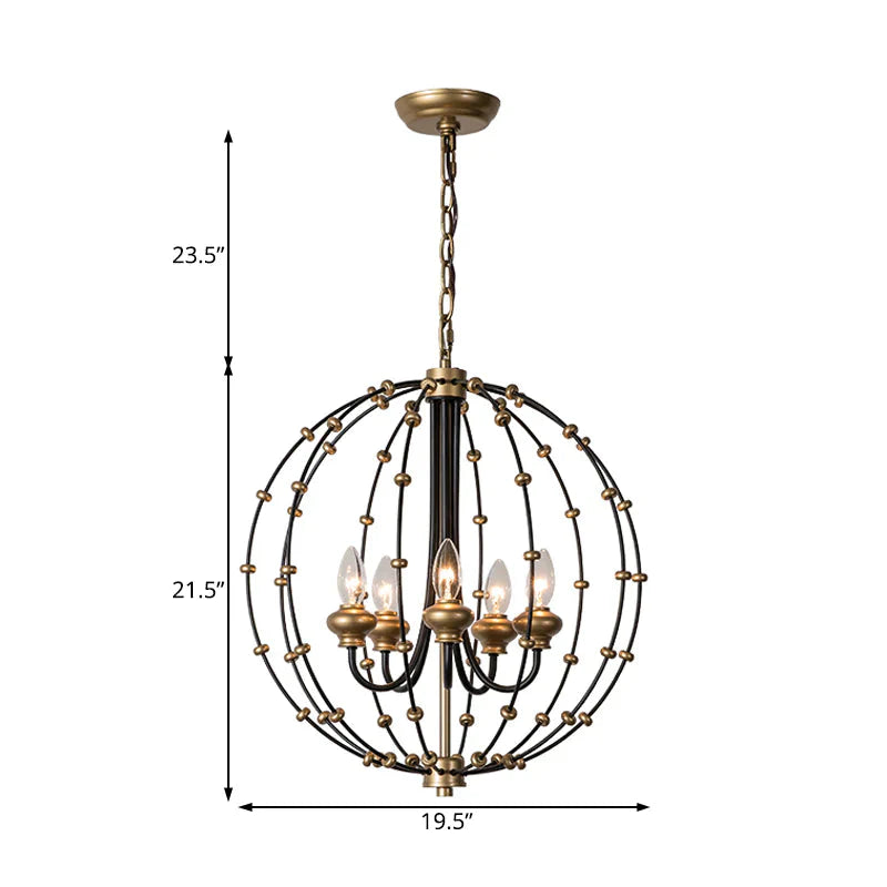 3/5 Bulbs Dining Room Ceiling Lamp Country Black Chandelier Pendant Light With Globe Metal Cage