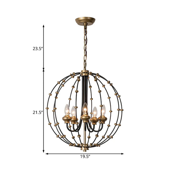 3/5 Bulbs Dining Room Ceiling Lamp Country Black Chandelier Pendant Light With Globe Metal Cage