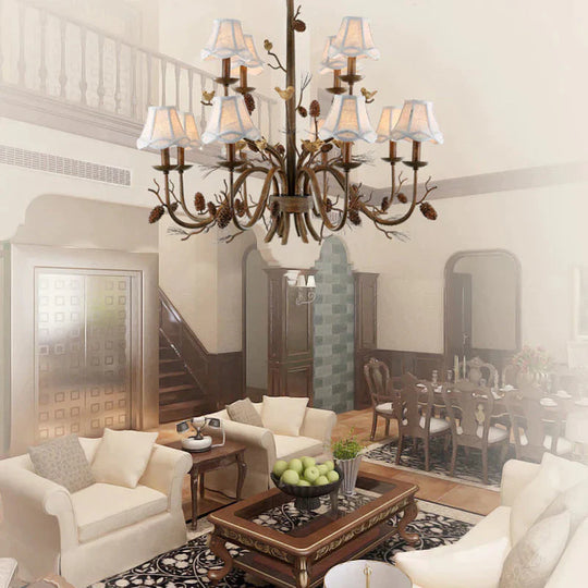 Rustic Brown Metal 12 Lights Pendant Light Fixture With White Fabric Shade