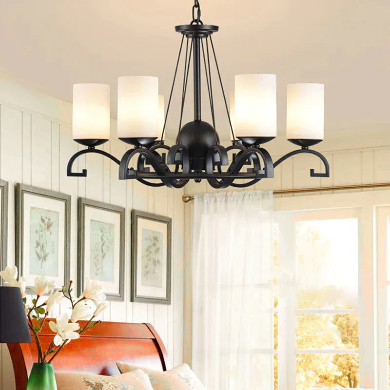 White Glass Cylinder Chandelier Light Fixture Rustic 6 Lights Bedroom Hanging Ceiling In Black