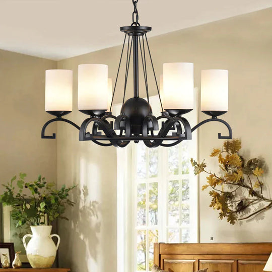 White Glass Cylinder Chandelier Light Fixture Rustic 6 Lights Bedroom Hanging Ceiling In Black