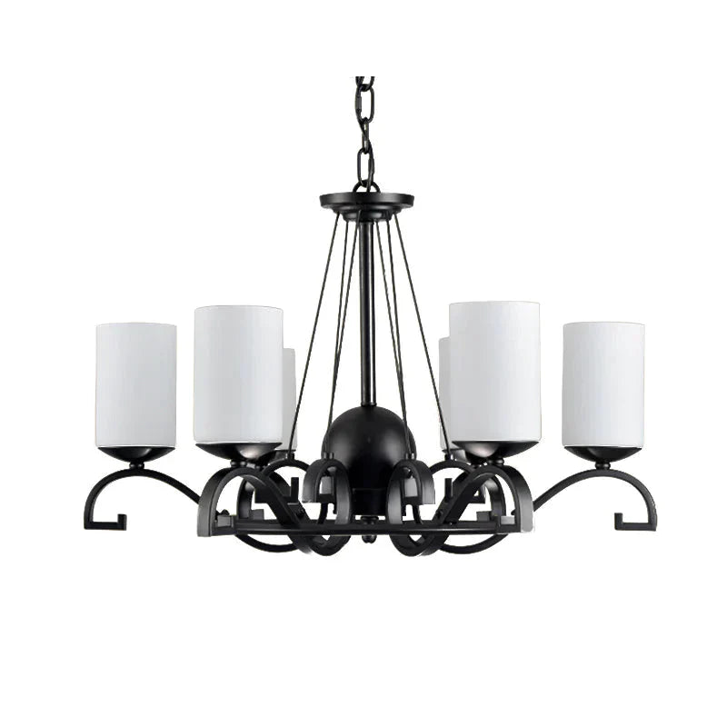 White Glass Cylinder Chandelier Light Fixture Rustic 6 Lights Bedroom Hanging Ceiling In Black