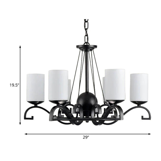 White Glass Cylinder Chandelier Light Fixture Rustic 6 Lights Bedroom Hanging Ceiling In Black