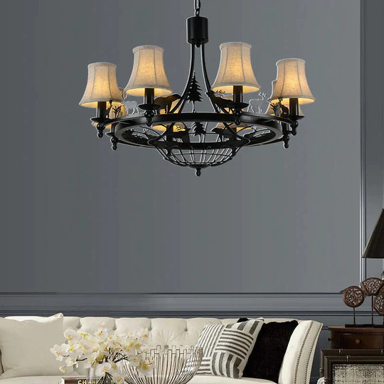 6 Lights Fabric Chandelier Light Fixture Traditional Black Cone Living Room Ceiling