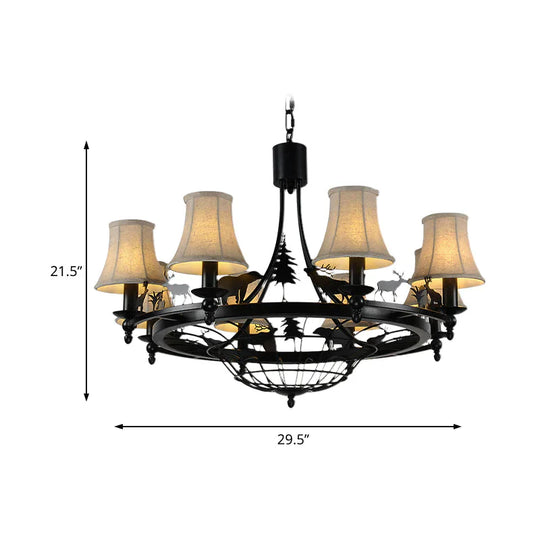 6 Lights Fabric Chandelier Light Fixture Traditional Black Cone Living Room Ceiling