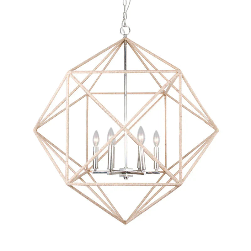 4 Heads Dining Room Hanging Chandelier Contemporary Beige Ceiling Pendant Light With Cage Metal