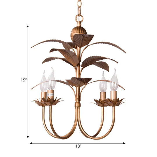 Spur Pendant Chandelier Traditional Metal 4 Bulbs Brass Hanging Ceiling Light With Leaves