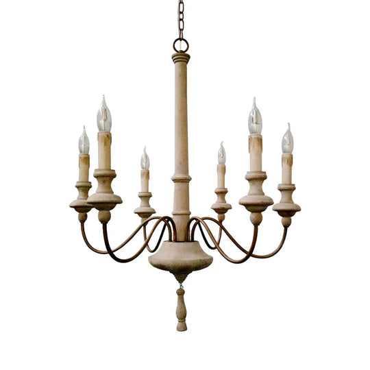 Sputnik Chandelier Lighting Retro Wood Gray - White 6 Bulbs Hanging Ceiling Light With Curved Arm