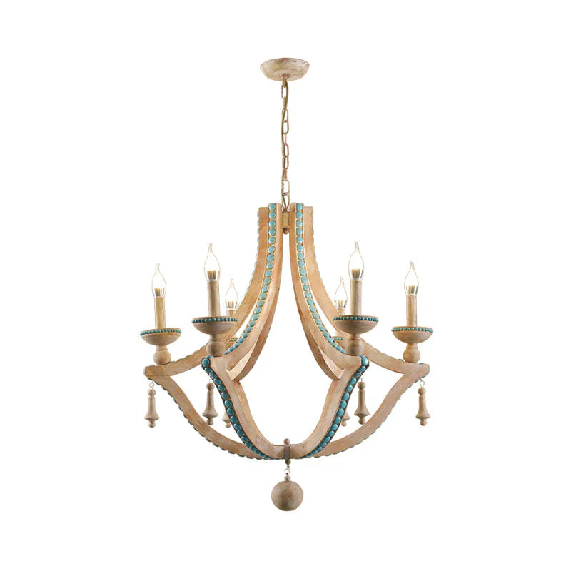 Beige Candle Ceiling Chandelier Traditional Wood 6 Heads Hanging Light Fixture With Green Pine Stone