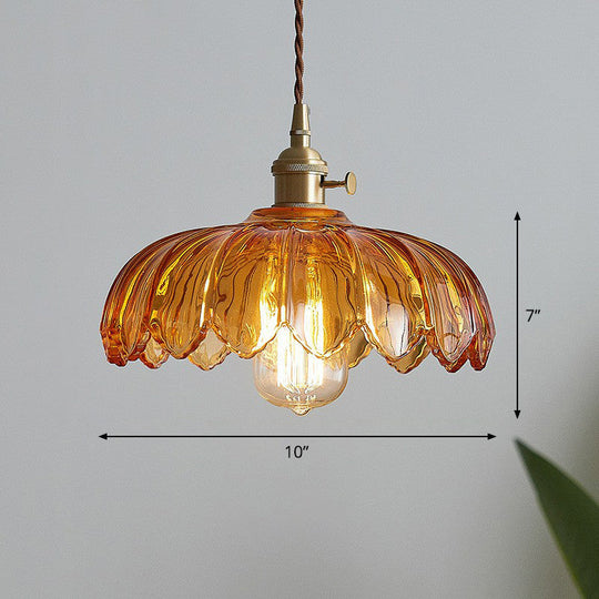 Nadia - Glass Flower Ceiling Light: Industrial Scalloped Pendant Tan