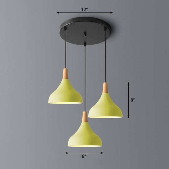 Salm - Swell Shape Pendant Light Macaron Metal 3 - Head Multi Hanging Fixture With Wood Tip