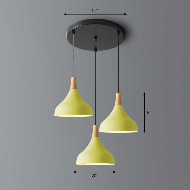 Salm - Swell Shape Pendant Light Macaron Metal 3 - Head Multi Hanging Fixture With Wood Tip Yellow