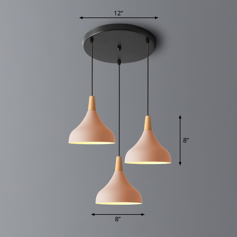 Salm - Swell Shape Pendant Light Macaron Metal 3 - Head Multi Hanging Fixture With Wood Tip Pink /