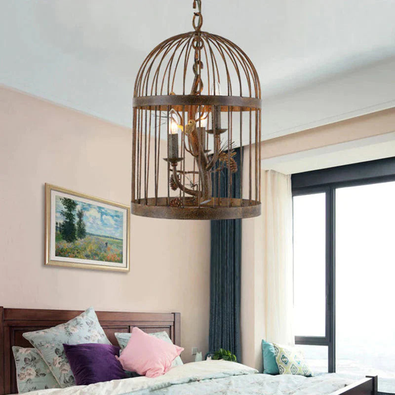 Metal Brown Pendant Lamp Bird Cage 3 Lights Rustic Chandelier Light Fixture For Dining Room