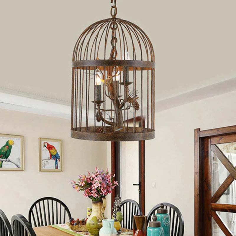 Metal Brown Pendant Lamp Bird Cage 3 Lights Rustic Chandelier Light Fixture For Dining Room