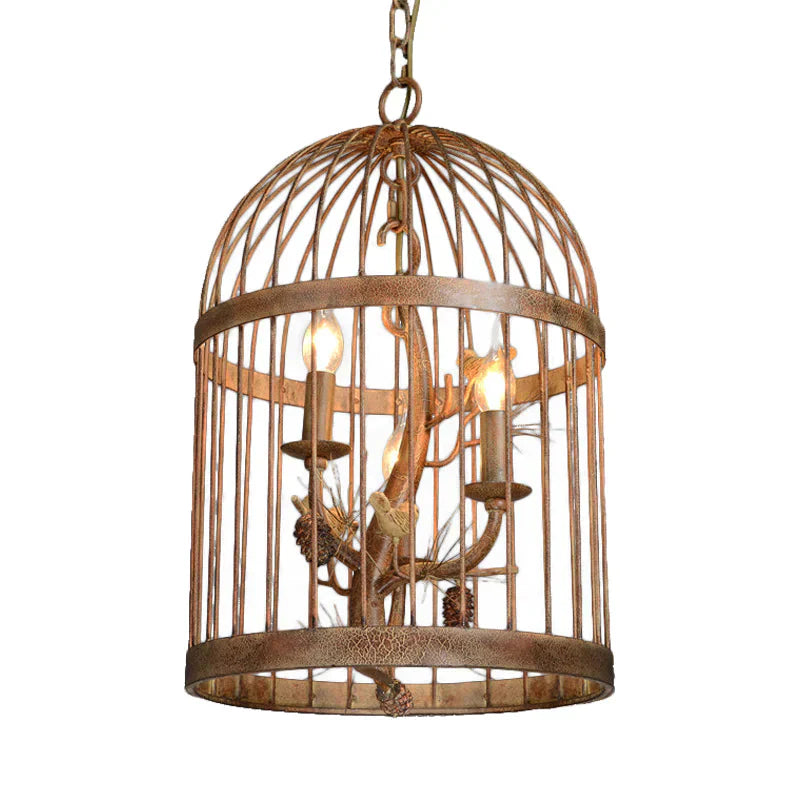 Metal Brown Pendant Lamp Bird Cage 3 Lights Rustic Chandelier Light Fixture For Dining Room