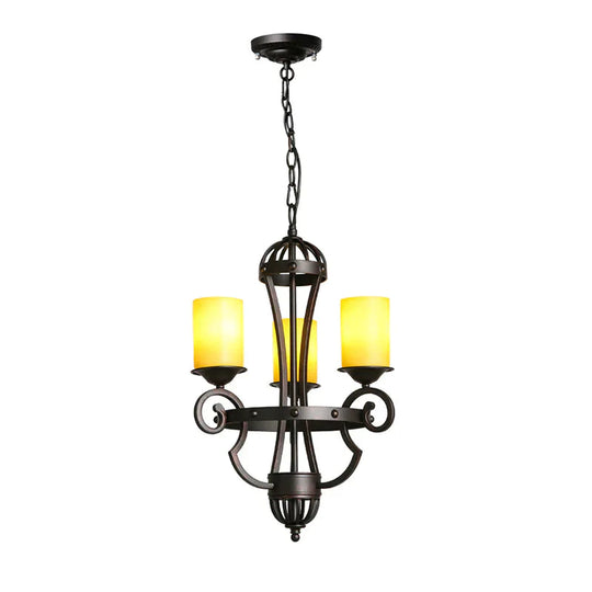 Rustic Black 3 Lights Hanging Fixture With Cylinder Yellow Glass Shade