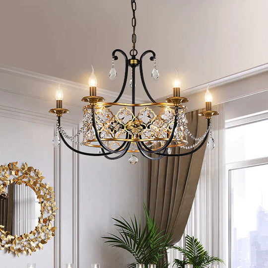Metal Curved Arm Hanging Chandelier Country 9 Lights Dining Room Pendant Light In Gold