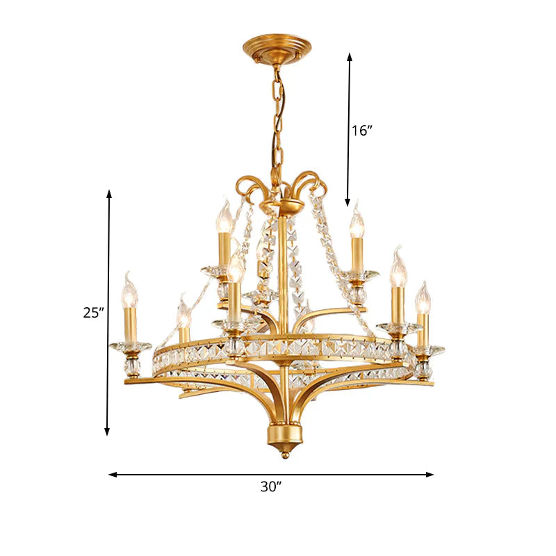 9 Lights Candle Chandelier Lighting Rustic Gold Metal Pendant Lamp For Dining Room With Crystal