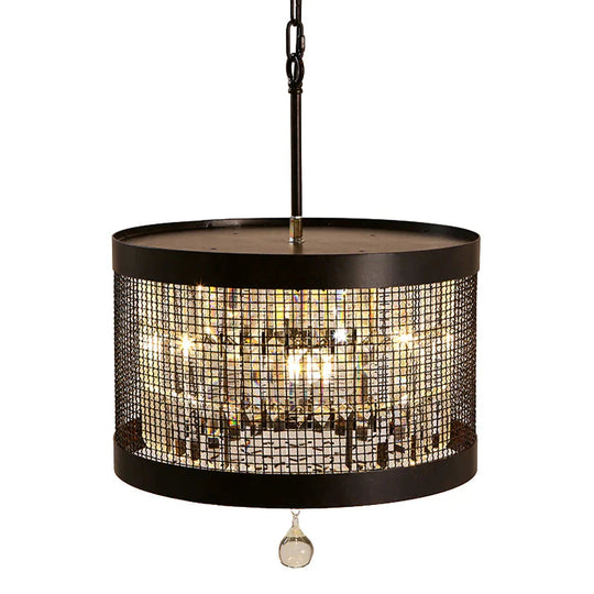 4 Lights Metal Hanging Chandelier Country Black Round Living Room Pendant Light Fixture With