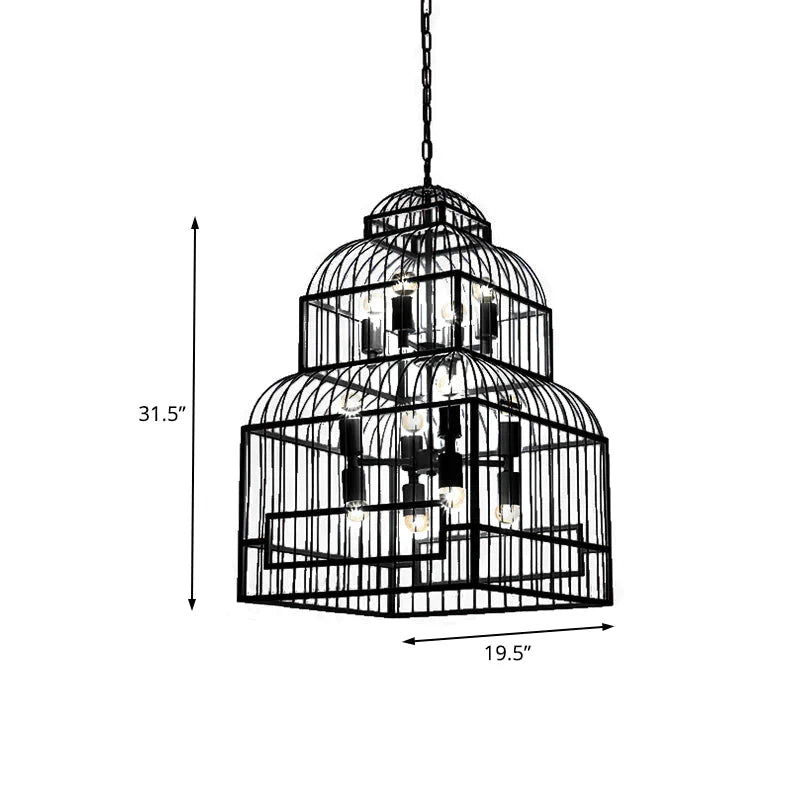 Rustic Black/Wood Exposed Bulb Living Room Hanging Ceiling Fixture With Cage