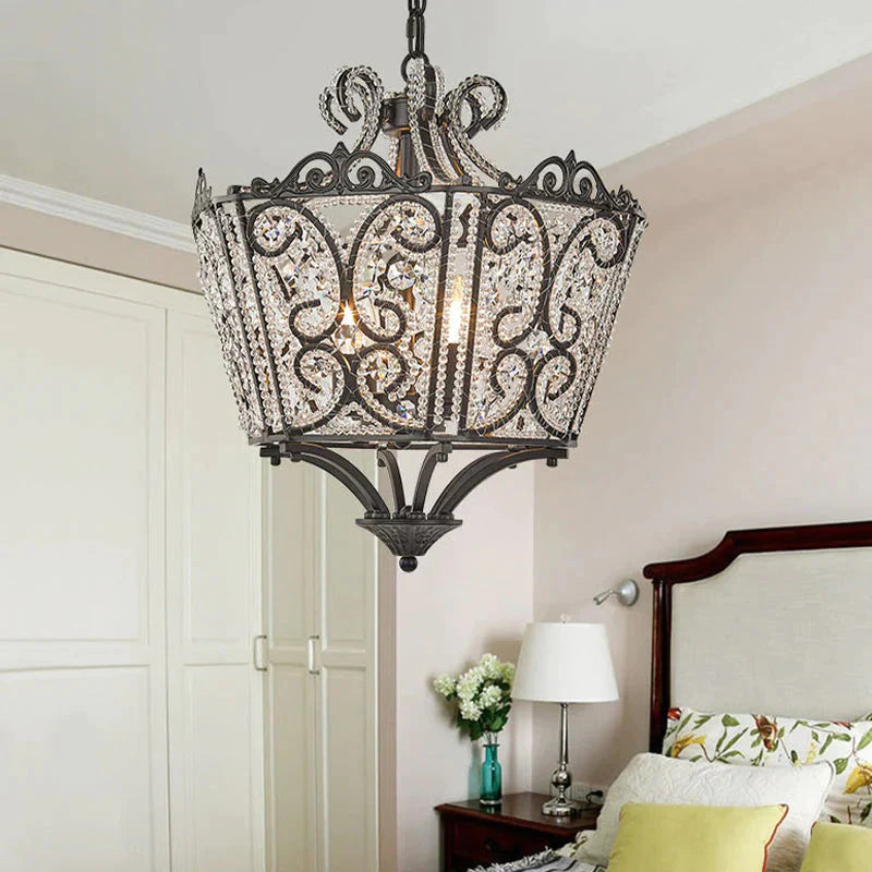 Lantern Bedroom Pendant Chandelier Country Crystal 4 Lights Black Hanging Fixture