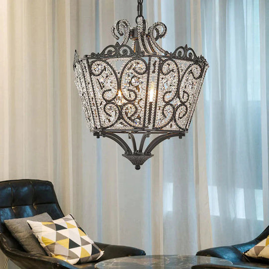 Lantern Bedroom Pendant Chandelier Country Crystal 4 Lights Black Hanging Fixture