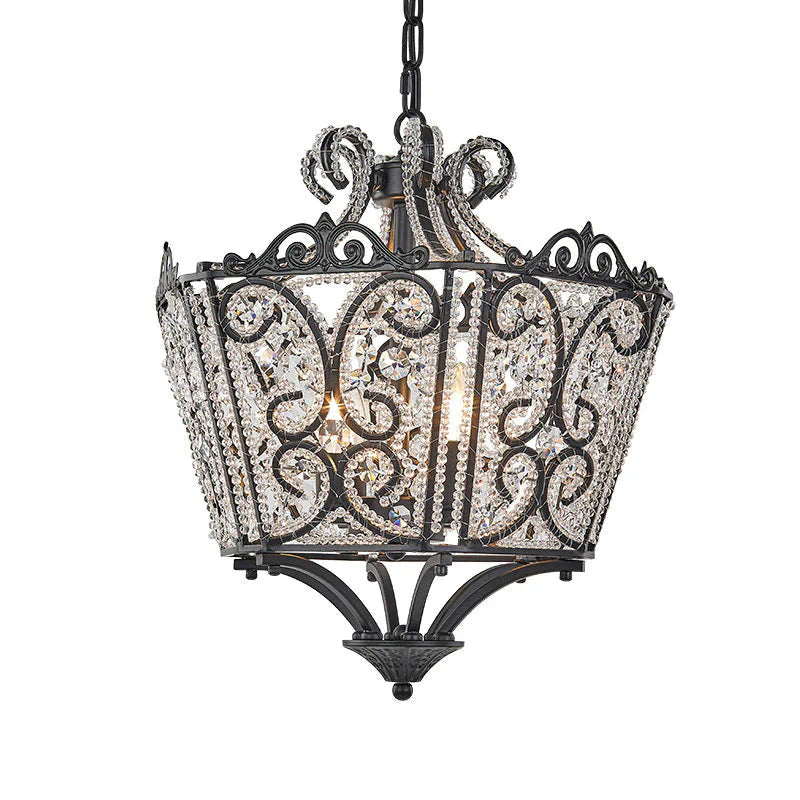 Lantern Bedroom Pendant Chandelier Country Crystal 4 Lights Black Hanging Fixture