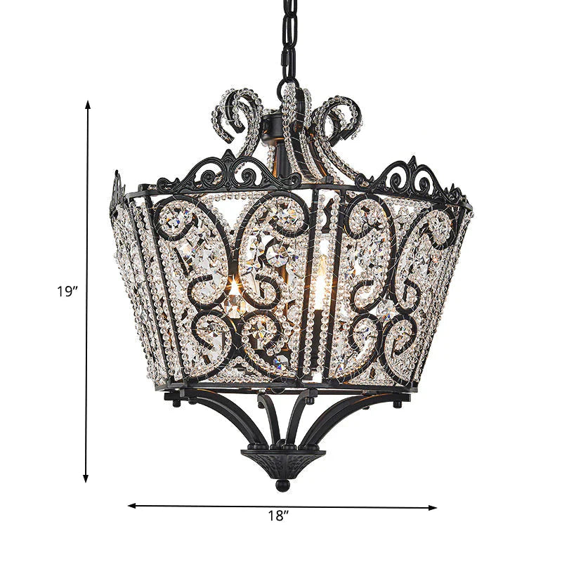 Lantern Bedroom Pendant Chandelier Country Crystal 4 Lights Black Hanging Fixture