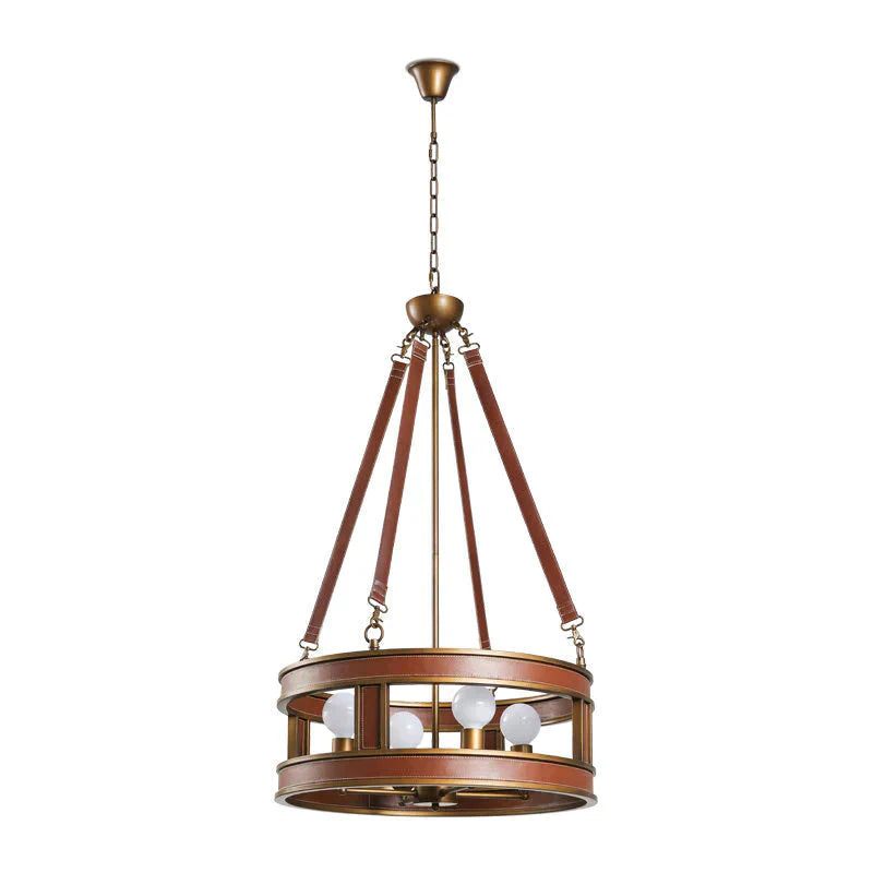 Brown Round Chandelier Lamp Country Style Metal 4 Lights Living Room Hanging Fixture