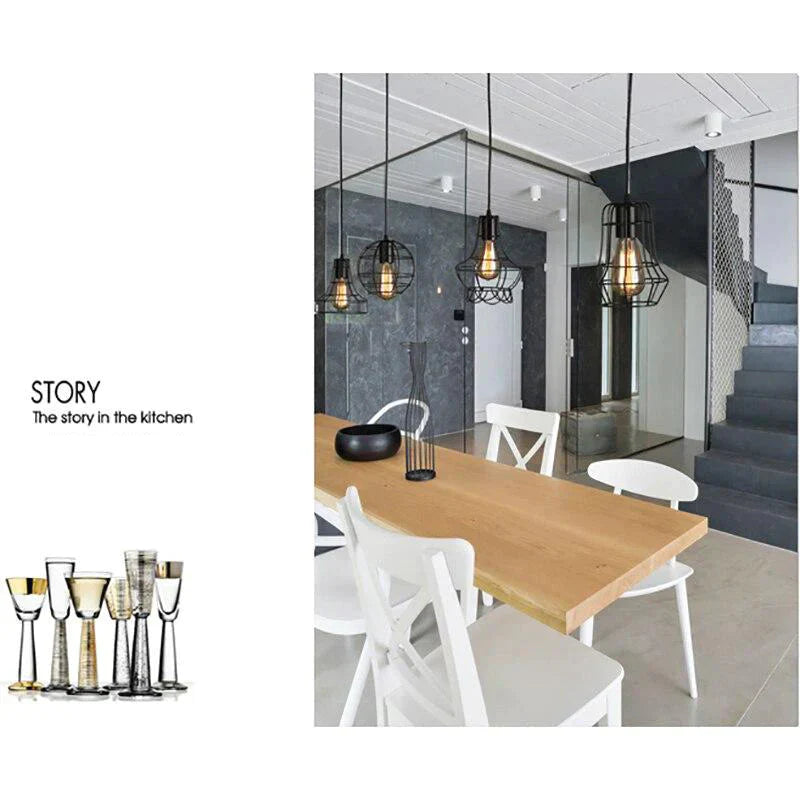 Loft Retro Vintage Black Industrial Iron Cage Pendant Lamp Cord Lights Illumination For Dining Room