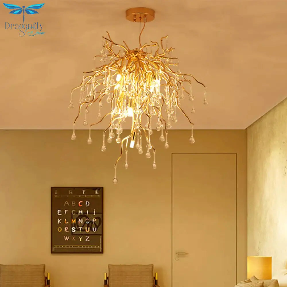 23.5’/31.5’ W Clear Crystal Raindrop Hanging Chandelier Rustic 8/10 Lights Gold Ceiling Lamp