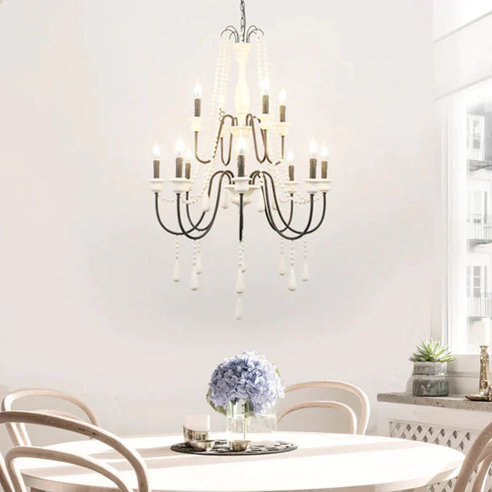 Traditional 2 - Tier Hanging Chandelier Metal 12 Bulbs Suspension Light In White With Wooden Drop