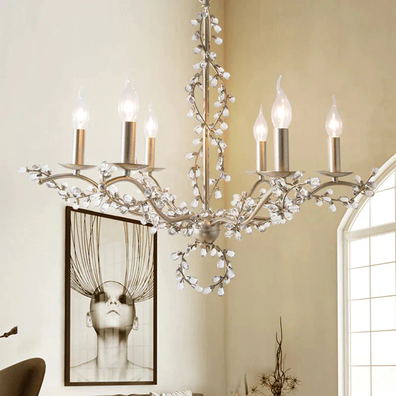 Spur Chandelier Light Contemporary Metal 6 Heads Brass Hanging Lamp Kit With Crystal Leaf