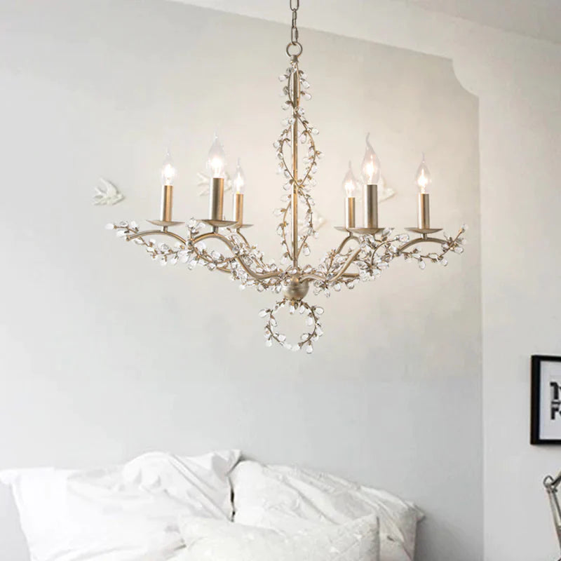 Spur Chandelier Light Contemporary Metal 6 Heads Brass Hanging Lamp Kit With Crystal Leaf