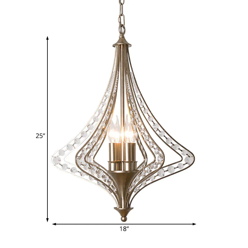 4 Bulbs Tapered Ceiling Chandelier Rustic Crystal Suspended Lighting Fixture In Brass