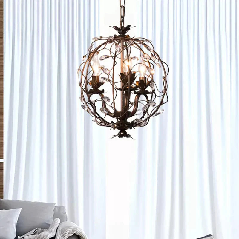 Traditional Globe Hanging Chandelier Metal 3/5 Bulbs Suspension Light In Antique Brass With Crystal