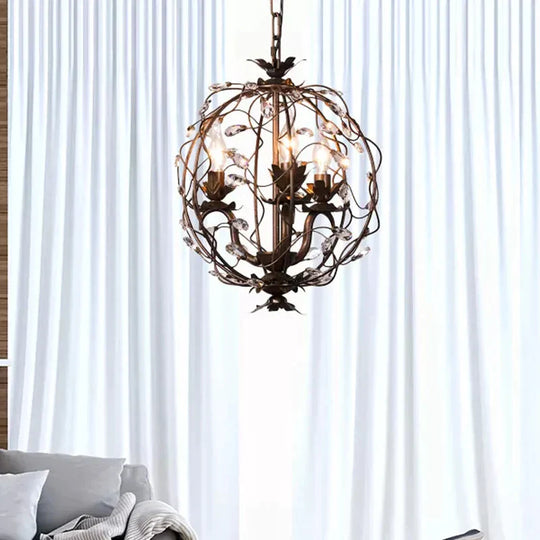 Traditional Globe Hanging Chandelier Metal 3/5 Bulbs Suspension Light In Antique Brass With Crystal