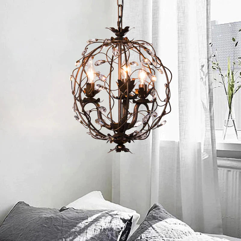 Traditional Globe Hanging Chandelier Metal 3/5 Bulbs Suspension Light In Antique Brass With Crystal