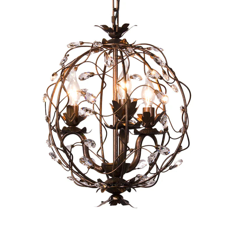 Traditional Globe Hanging Chandelier Metal 3/5 Bulbs Suspension Light In Antique Brass With Crystal