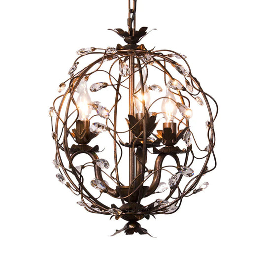 Traditional Globe Hanging Chandelier Metal 3/5 Bulbs Suspension Light In Antique Brass With Crystal