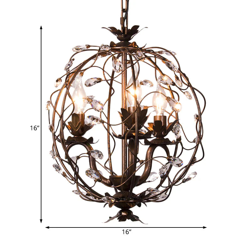 Traditional Globe Hanging Chandelier Metal 3/5 Bulbs Suspension Light In Antique Brass With Crystal