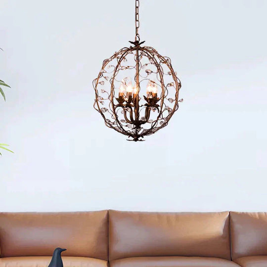 Traditional Globe Hanging Chandelier Metal 3/5 Bulbs Suspension Light In Antique Brass With Crystal