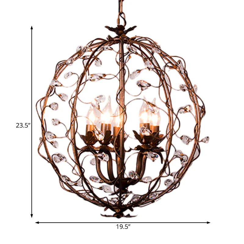 Traditional Globe Hanging Chandelier Metal 3/5 Bulbs Suspension Light In Antique Brass With Crystal