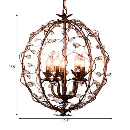 Traditional Globe Hanging Chandelier Metal 3/5 Bulbs Suspension Light In Antique Brass With Crystal